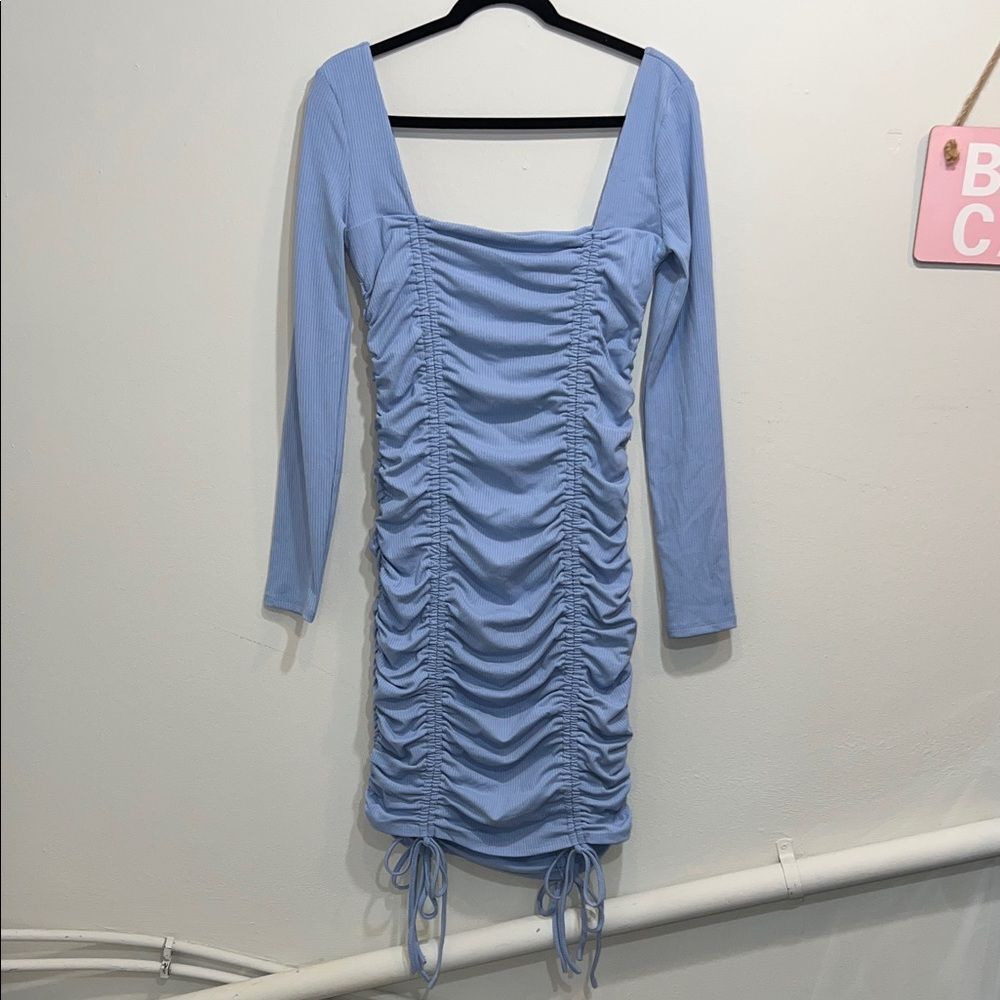 Forever 21 Sky Blue Gathered Long Sleeve Dress - Picture 2 of 5